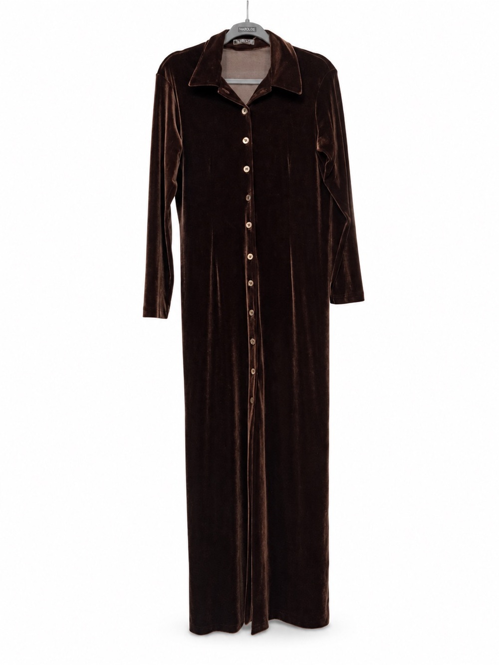 Harold's Long-Sleeve Brown Velvet Button-Front Maxi Dress